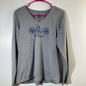 Womens Life is Good Crusher Tee Grateful Christmas Gray M Long Sleeve V Neck‎